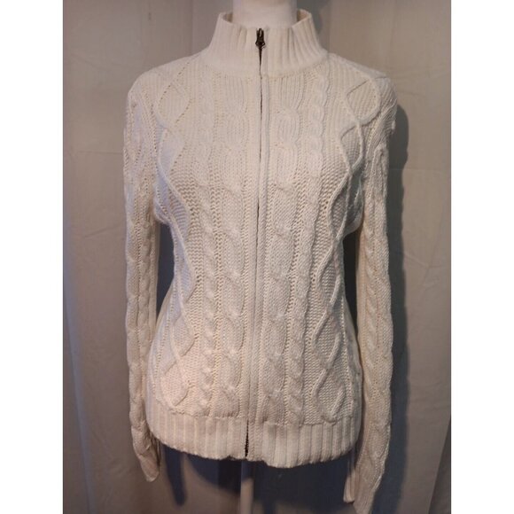 Vintage 90S Sz S Petite Cable Knit Zip Up Sweater Cardigan Ramie &‎ Cotton Blend - Picture 1 of 11
